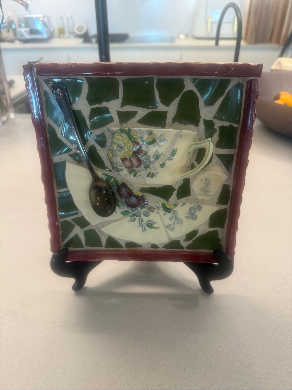 Green Mosaic Teacup Wall Plaque with Spoon Accent